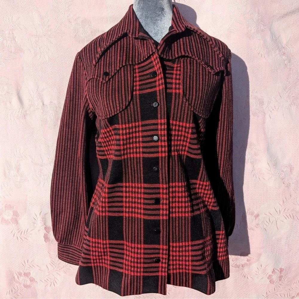 Vintage 70s Red Buffalo Plaid Button Up Shirt Jacket M Hunting Shacket Heritage